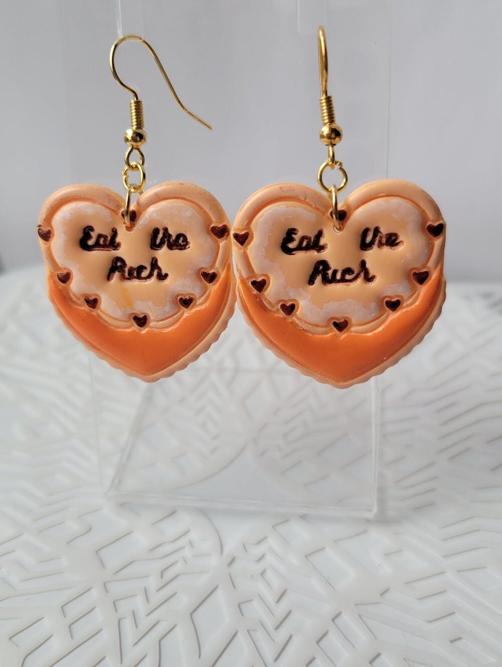 Handcrafted Peach Heart 'Eat The Rich' Dangle Earrings